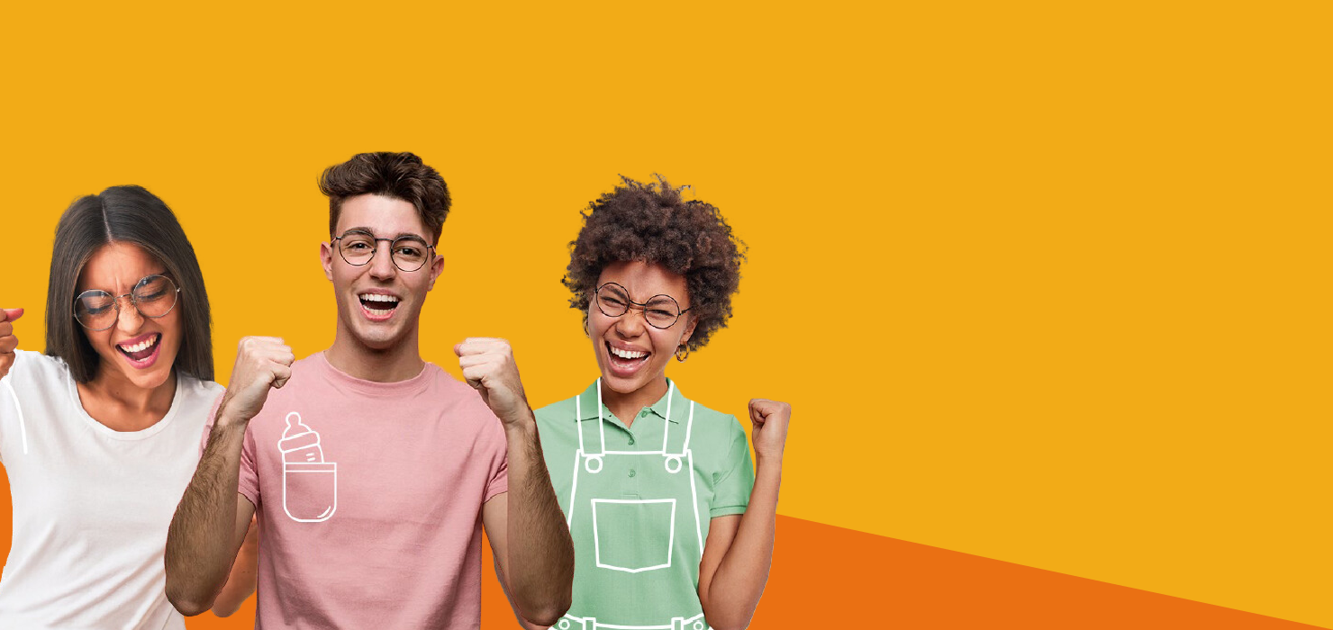 3 jeunes avec des lunettes qui crient et avec des éléments dessinés. Le fond de l'image est composé de 2 teintes d'orange.