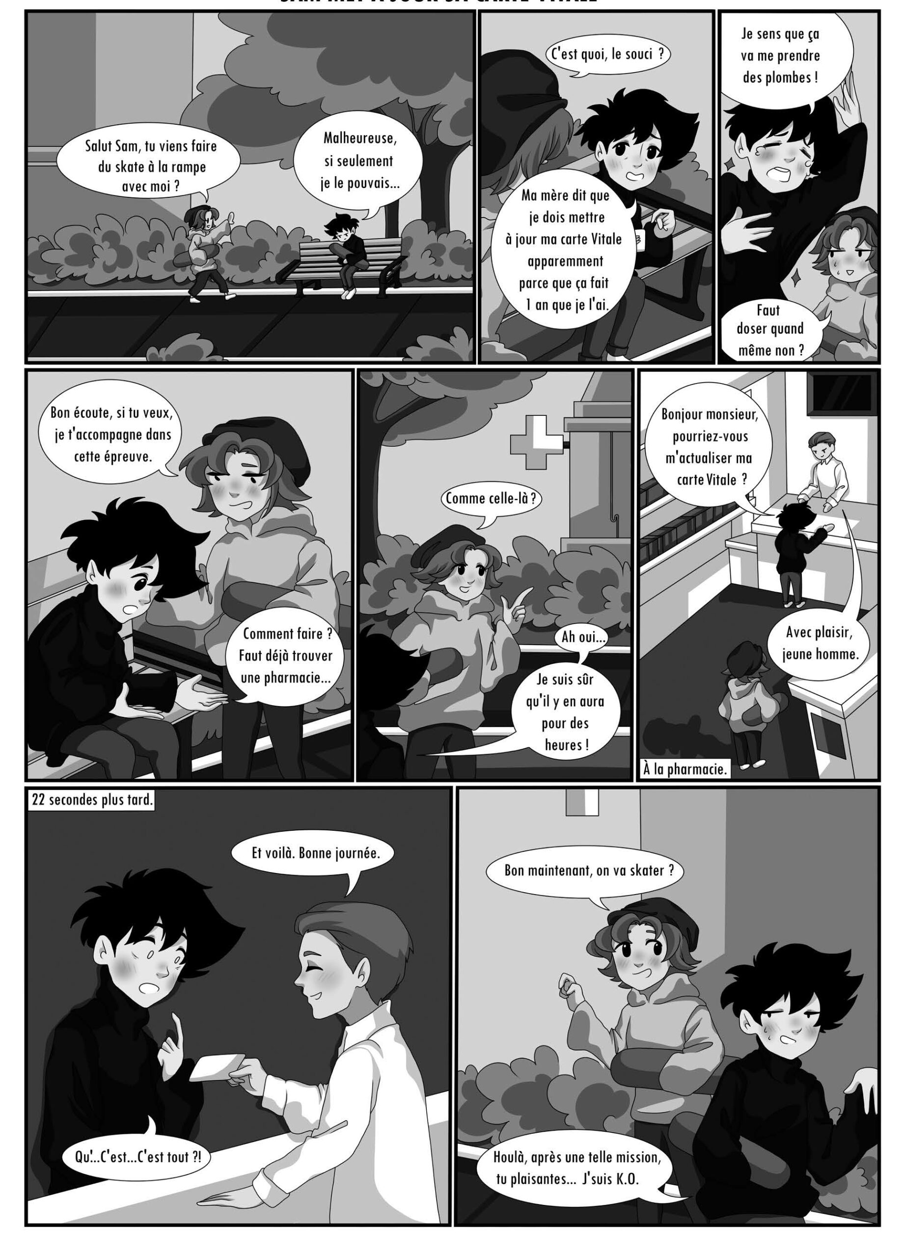 Page 5 de la BD avec la situation sur le renouvellement de la carte vitale.