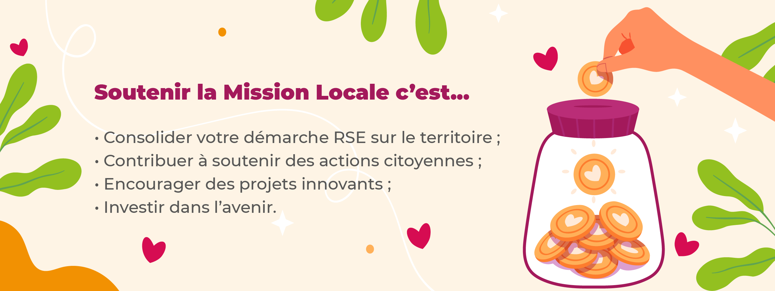 Bannière avec texte et illustration pour soutenir la mission locale